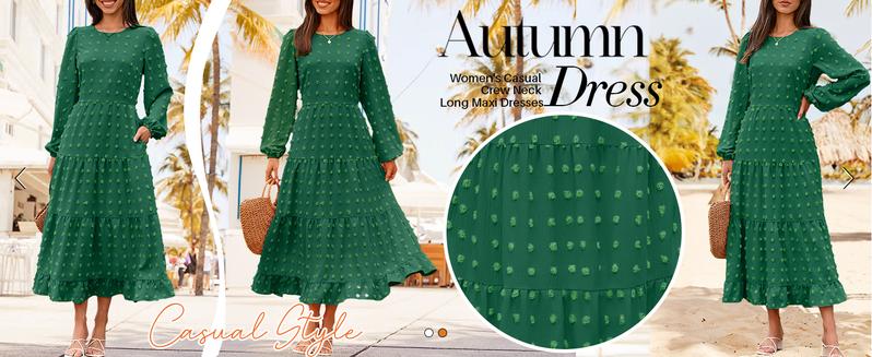 ZESICA Women's Fall Long Sleeve Maxi Dresses 2026 Crew Neck Swiss Dot Tiered Flowy A Line Wedding Cocktail Party Dress