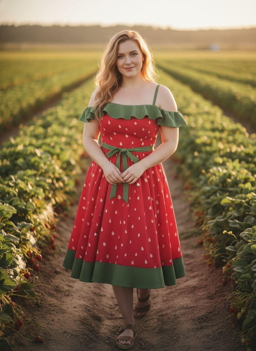 Plus Size Cute Strawberry Dress Aesthetic Summer Look with Bow and Ruffle Trim Sleeveless Vintage Style Retro Stage Boho Bohemian Casual Casual Wear