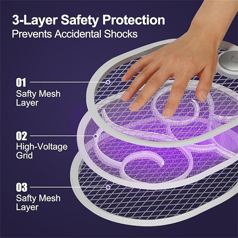 2-in-1 Efficient Mosquito Killer, 1200mAhFoldable Electric Mosquito Swatter, Handheld Rotatable Mosquito Repellent, ThreeLayer Mesh Safety Anti Electric Shock Design,Purple UV Light for Indoor & Outdoor Use