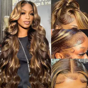 13x4 Ombre Highlight Lace Front Wigs Human Hair with Baby Hair 180 Density 13x6 4/27 Honey Blonde Body Wave Frontal Wigs Human Hair