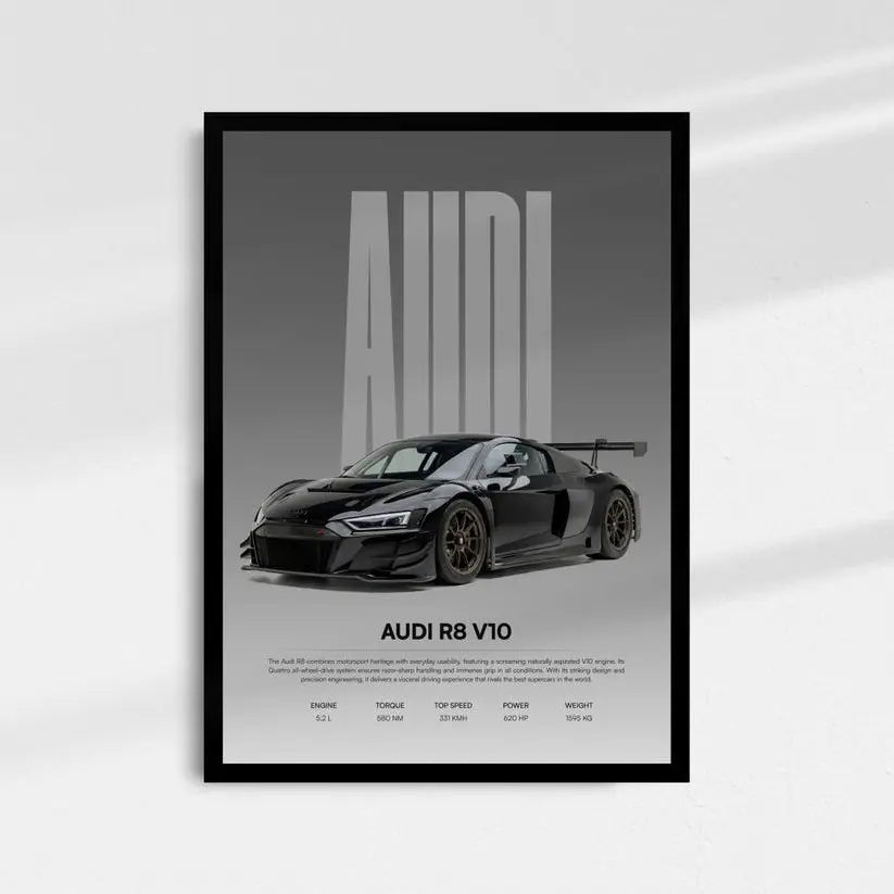 R8 V10 Poster Car Guy Gift Supercar Wall Art Print Modern Sports Car Decor Automotive Artwork Man Cave Garage Decor Car Enthusiast Gift
