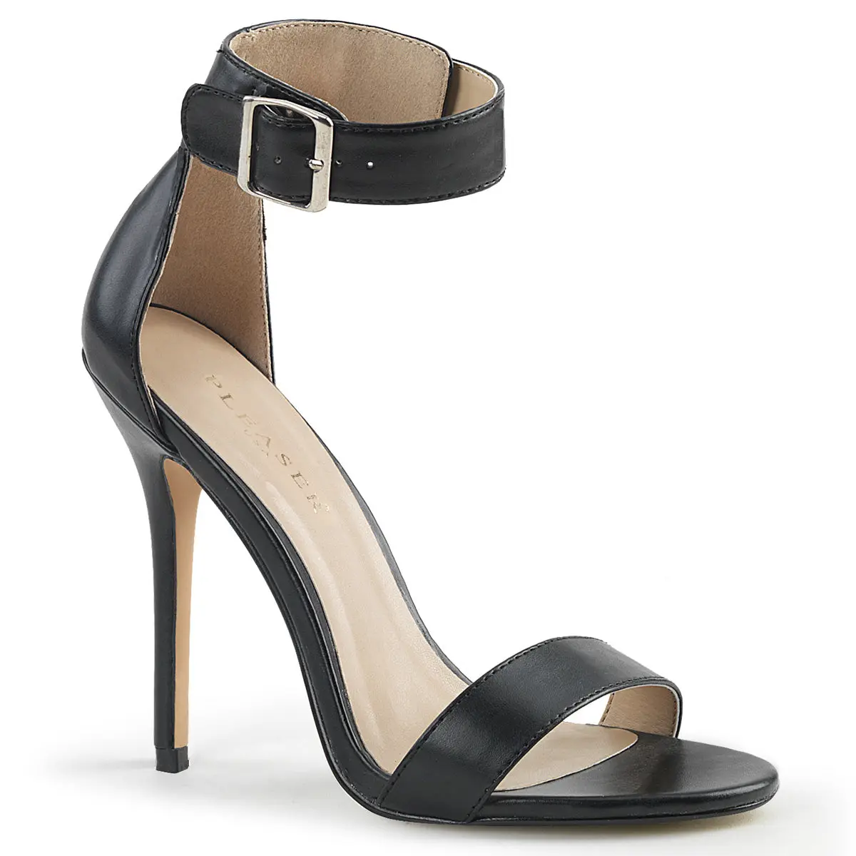 Women's Elegant Stiletto Heeled Sandals in Black Vegan Leather, Open-Toe Footwear with a Buckled Ankle Strap and 5-Inch Elevated Heel, Elevated Sandals