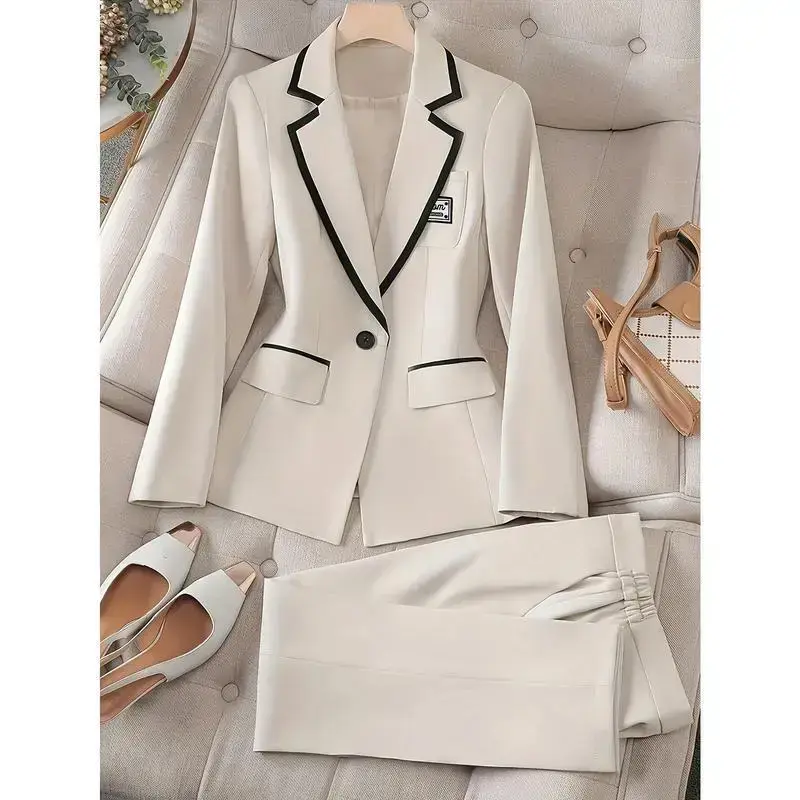 (New)Elegant Color-Block Slim Fit Two-Piece Set, Single-Breasted Lapel Blazer & Pants Office & Work - Women's Professional Wear - Perfect Business & Office Outfit