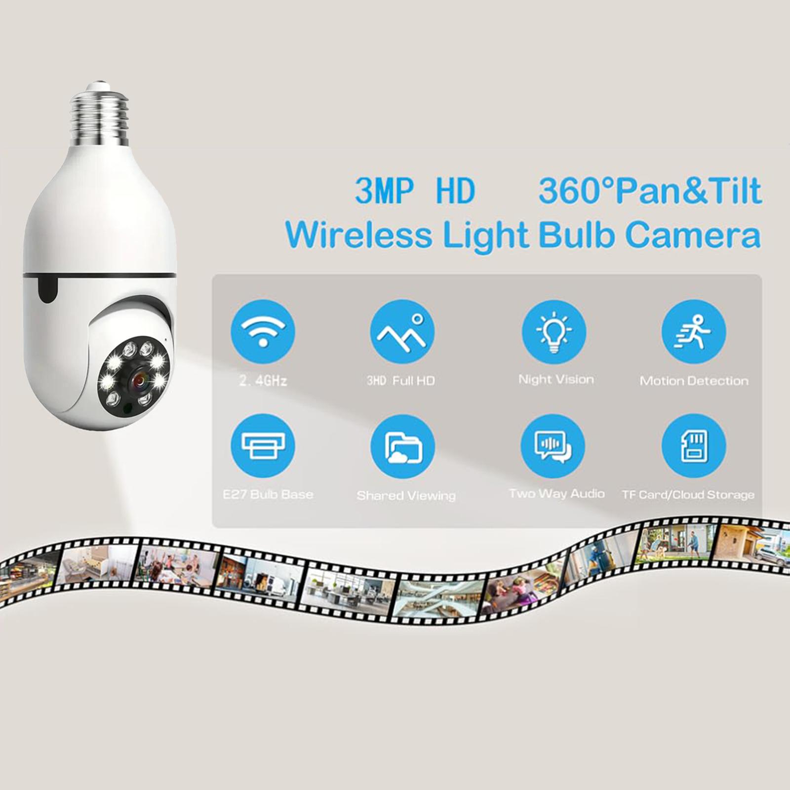 PBSEV 3MP Full HD Smart Light Bulb Security Camera, 360 PTZ Wireless Camera for Home with Color Night Vision, Motion Detection & 2-Way Audio, App Control Easy Installation to E27 Light Socket