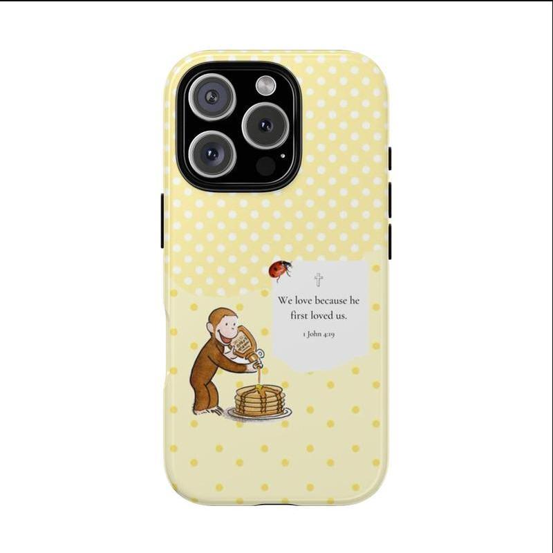 lsai Vintage Curious George Phone Case – Cartoon Monkey Pouring Syrup on Pancakes with Bible Verse "Do Everything in Love" on Blue Striped Background, Cute Protective Cover for iPhone 16 Pro Max 15 14 13 12 11 X, Samsung Galaxy S25 S24 S23 S22.8lsai