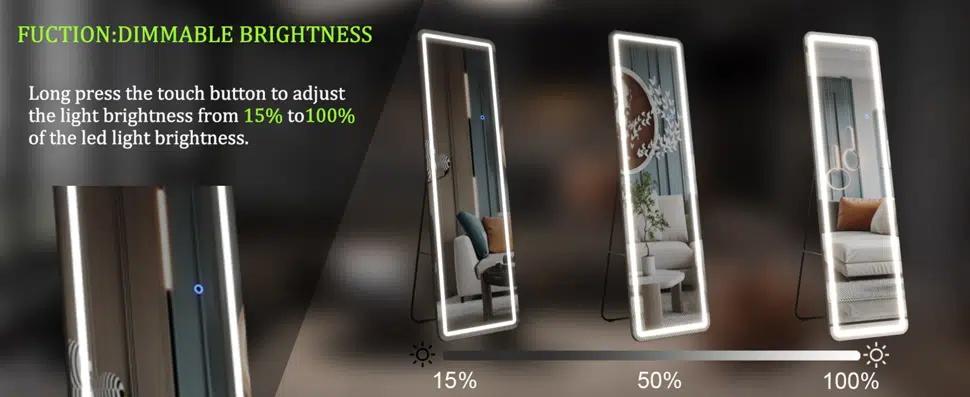 [LIVE3] 64” x 21” Full Length Mirror with LED Light, Floor Hanging Mirror Wall Mounted, Dimming & 3 Color Lighting for Bedroom Cloakroom Decor
