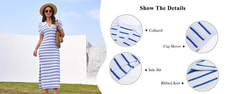 Imily Bela Womens Striped Summer Dresses Short Sleeve V Neck Knit Collared Sexy Slit Loose Maxi Sweater Dress Imily Bela Womens Striped Summer Dresses Short Sleeve V Neck Knit Collared Sexy Slit Loose Maxi Sweater Dress