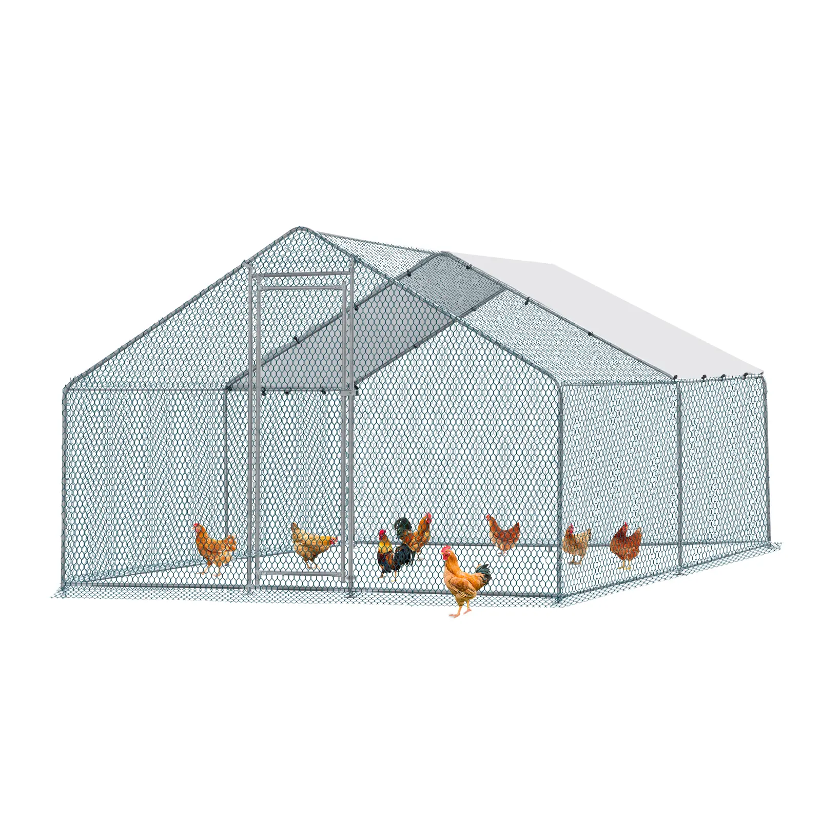 Pinehome Metal Poultry Coop, 13.1x9.8x6.5 Ft Large Walk-In Enclosure with Waterproof Cover, Outdoor Poultry Hutch for Farm Hens