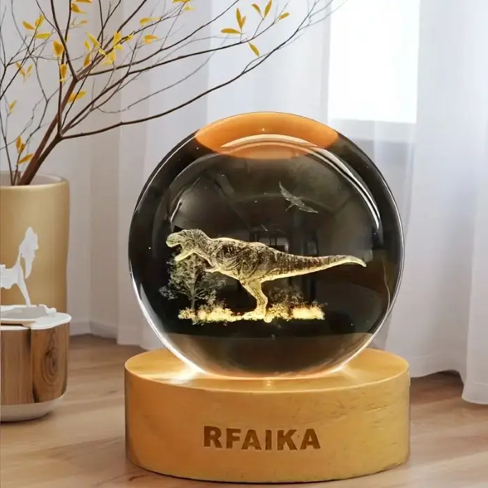 6cm Ultra-Clear Dinosaur Crystal Ball Decorative Night Light - Dimmable LED Wooden Base, 10 Brightness Modes (3 White Light Modes), USB-Powered, Switch Control, 3D Laser Detail, Kids Gifts for Bedrooms, Graduations, Valentine's Day Home Desk Decor