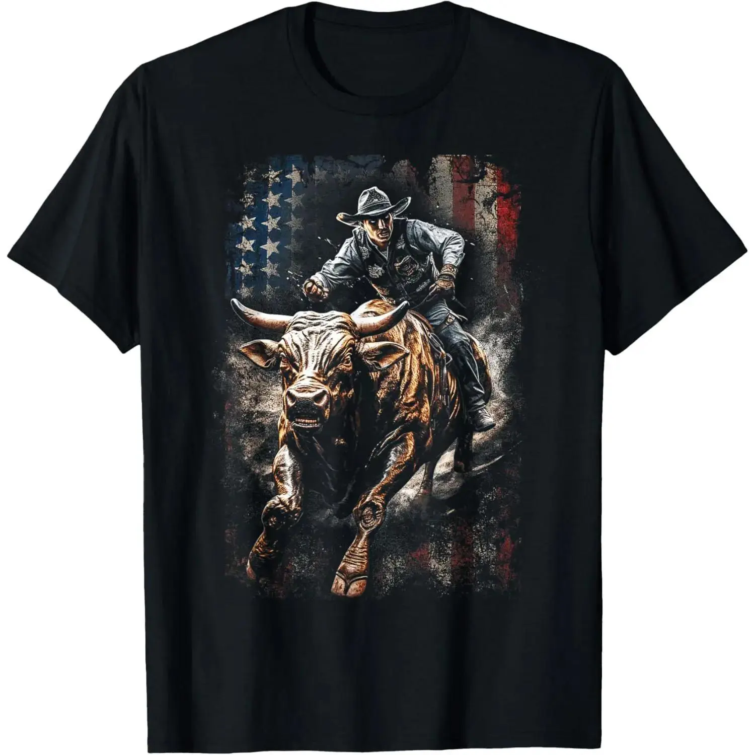 Mens Casual Cotton T-shirt Featuring Vintage American Flag Bucking Bull Riding and Patriotism Rodeo Theme for Fashion Streetwear and Menswear