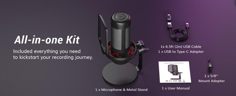 TONOR TC310 USB Streaming Gaming Microphone for PC, PS4/PS5, RGB Lighting, Easy Sound Control, One-tape Mute, Mic with Mount Adapter