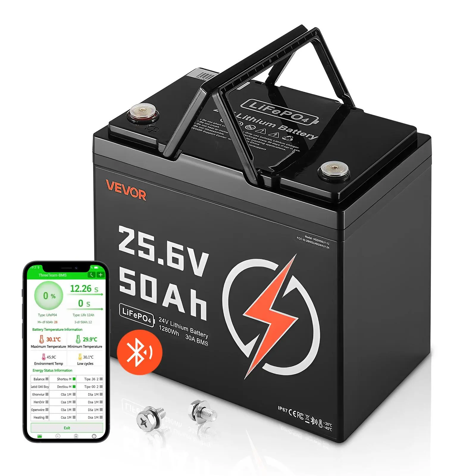 【Summerfinds】VEVOR 24V 50Ah LiFePO4 Lithium Ion Battery with 30A BMS Safety, Bluetooth, Low Temp Protection, 4000+ Cycles, 1280Wh Max, Expandable Deep Cycle Rechargeable for RV, Camper, Golf Carts, 29.2-20V DC Monitoring, Compact Batteries