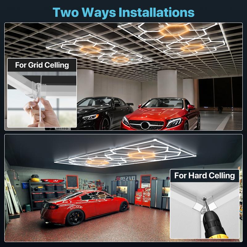 HYPERLITE Color Glow, Garage Lights, Honeycomb Design, Rectangle Frame Modular Lighting, LED Ceiling Light, 568W-624W 56800LM-62400LM, 6500K Bright White, for Garages, Workshops, Gyms, Studios,  Barber Shops, Decorative Spaces，Jumpstart newyear