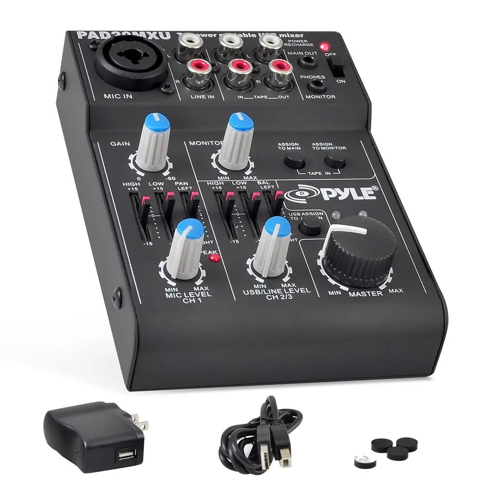 5-Channel Compact Portable DJ Audio Mixer Controller - 500mAh Rechargeable, Low Noise USB Interface, 18V Phantom Power, Extremely Musical 2-Band EQ, XLR/RCA Stereo Recording Equipment, Studio Setup