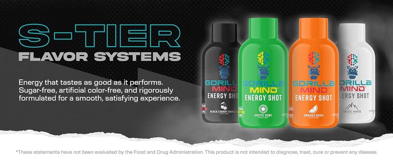Gorilla Mind Energy Shot | Unmatched Energy · Amplified Focus | N-Acetyl-L-Tyrosine, Alpha-GPC, 200mg Caffeine, Uridine, Saffron | 0 Sugar Or Artificial Colors | 3oz, 6-Pack