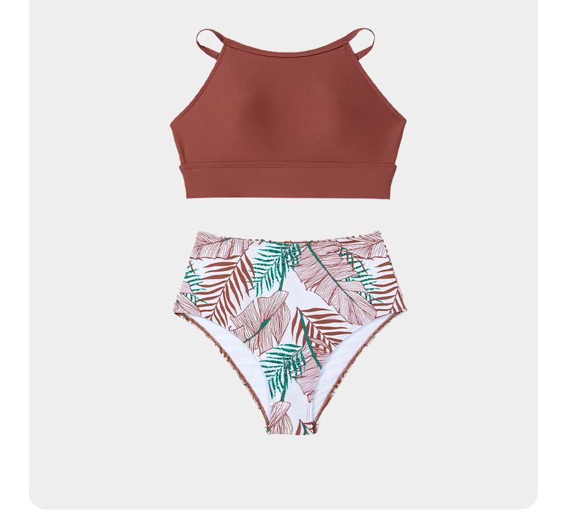 Aleumdr Women's Bikini Sets High Neck Tropical Leaf Print High Waisted Two Pieces Swimsuits Bathing Suits Sport Swimming Clothing Beach Floral Swimwear Top