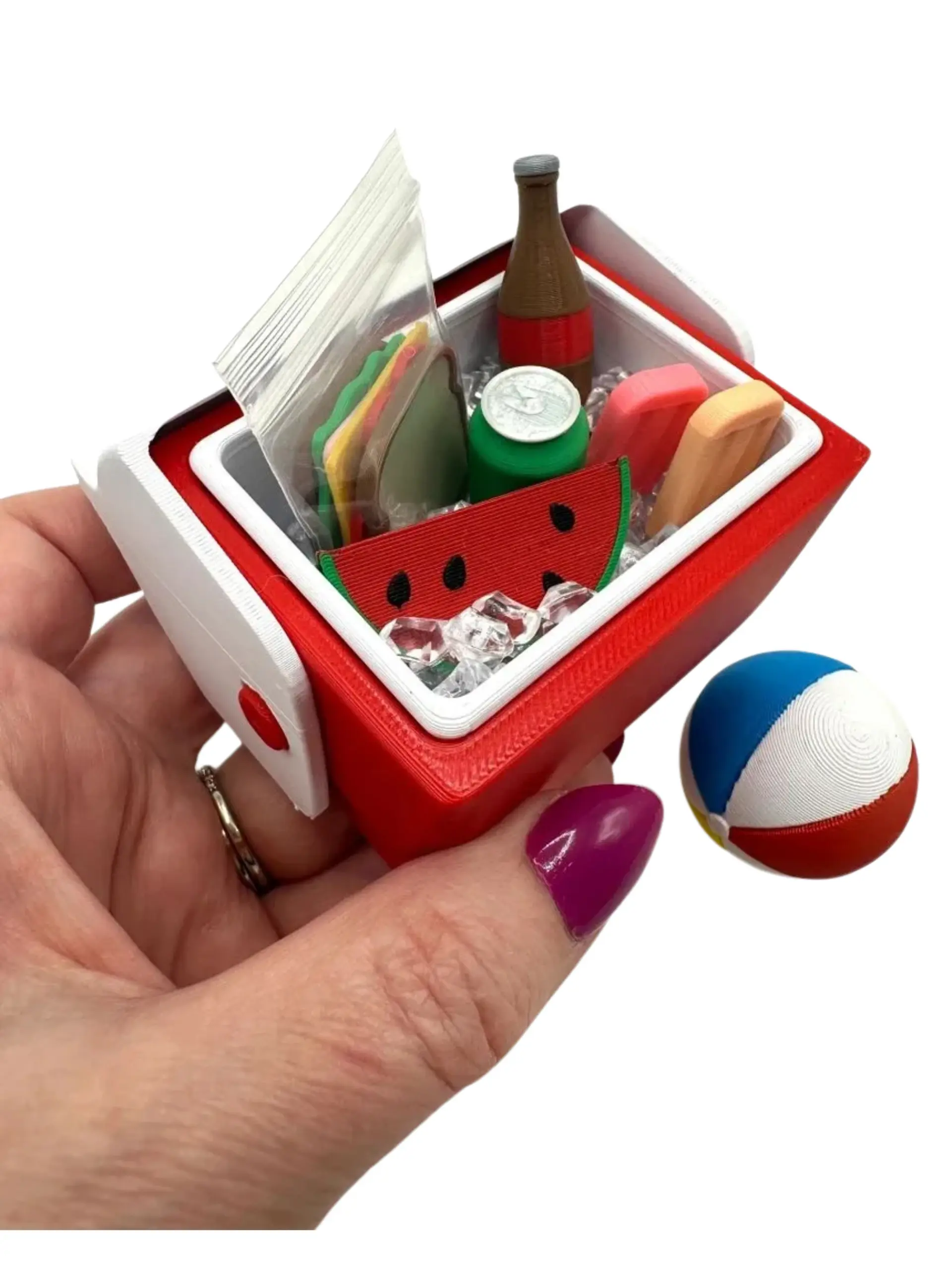 Mini 3D Printed Cooler 6 Color Options w/ Ice, Popsicles, Sandwich, Sodas, Drinks, Watermelon, Beach Ball- Miniature Spring Summer Miniverse, Desktop Decor Gifts