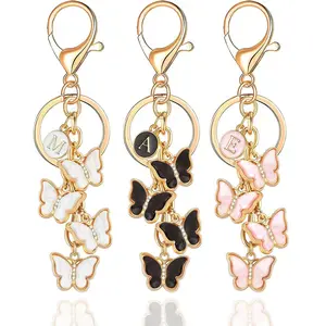 Butterfly Letter Keychain for Women, 26 Alphabet Fluffy Design Enamel Flower Bag Charm Accessory