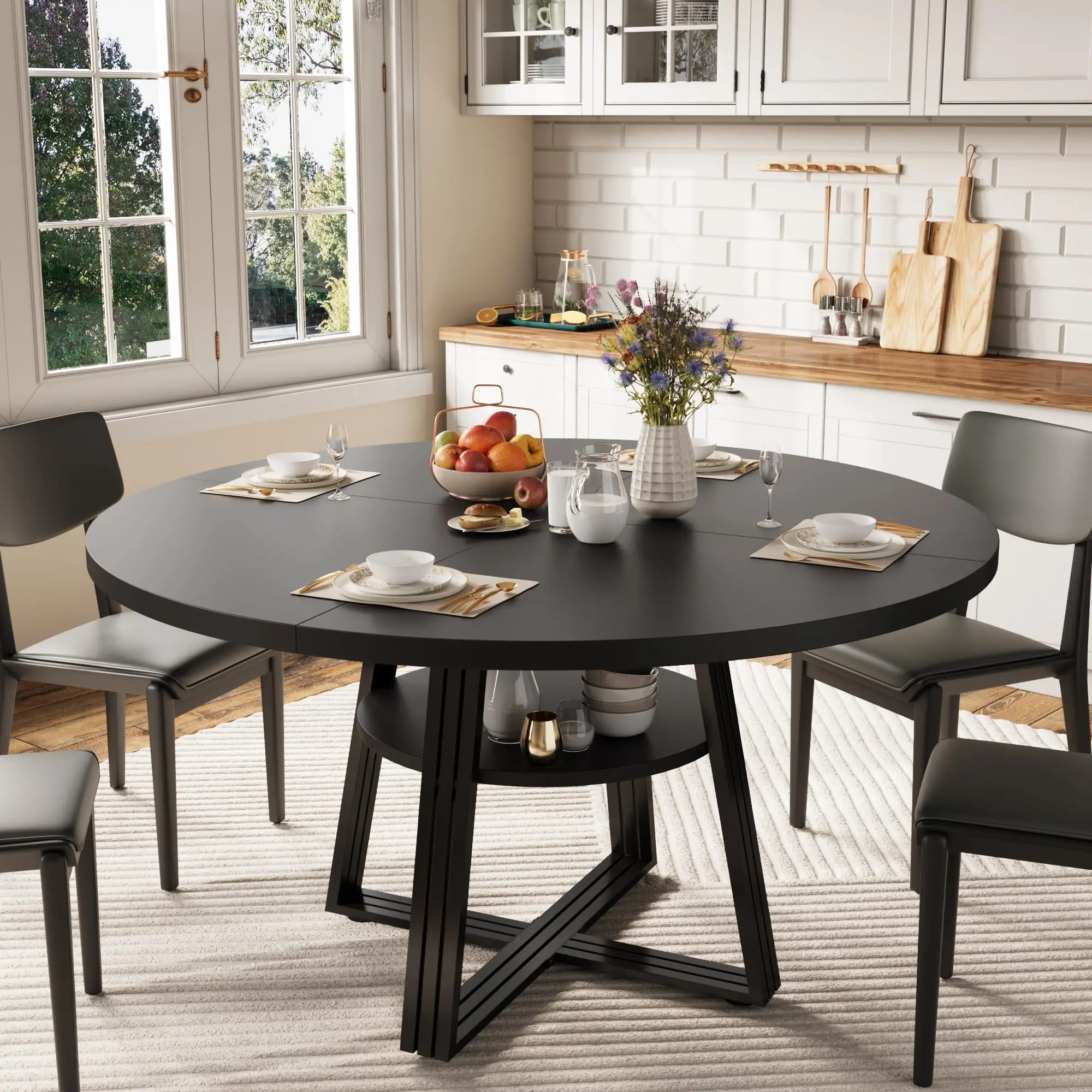 Garvee 47-inch Round Dining Table for 4, Farmhouse Circular Dining Table, Space-Saving Wooden Kitchen and Dining Furniture, Round Tables with Storage and Square Legs