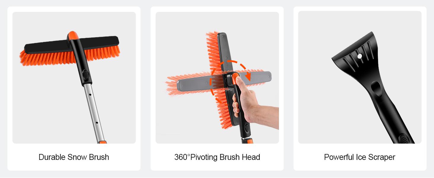 Odoland Ice Scraper with Snow Brush and Snow Shovel, 35" Extendable Snow Remover with Foam Grip, 360° Pivoting Brush Head for Car Windshield, Emergency Snow Scraper for SUV Truck Vehicle, Orange