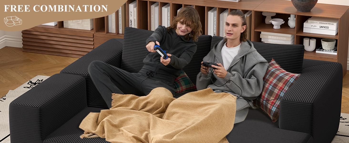 【2 Packages shipping】Modular Sectional Sofa with L-Shape Chaise,Cloud Sectional Modern Sleeper Couch with Deep Seat,Sponge Compression Sofas No Assembly Required (Beige-Corduroy Fabric)