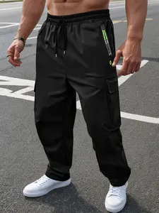 Men’s casual cargo straight-leg athletic pants for spring/autumn, drawstring, zippered pockets, suitable for outdoor everyday jogging.