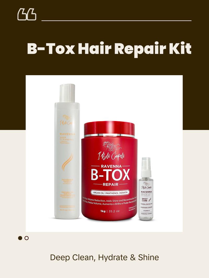 Ravenna B-tox Repair Haircare Kit - 1kg Shampoo, 60ml Oil, Deep Cleansing Anti-Residue Shampoo for Moisturizing Hydrating Frizz Control - Hydrate Keratin Moisturize Moisture Cleanser