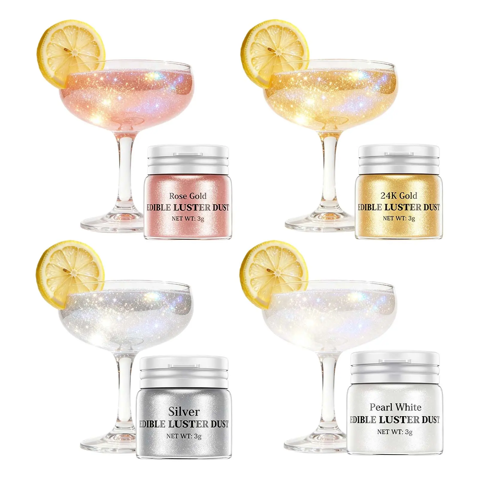 Food Grade Glitter Luster Dust 4×3g Bottle Shimmer Cake Dust Metallic Coloring Powder for Mother's Day&Bake Cake Decor Fondant ChocolateCoverdTreats Candy Drinks Cookie Pastel