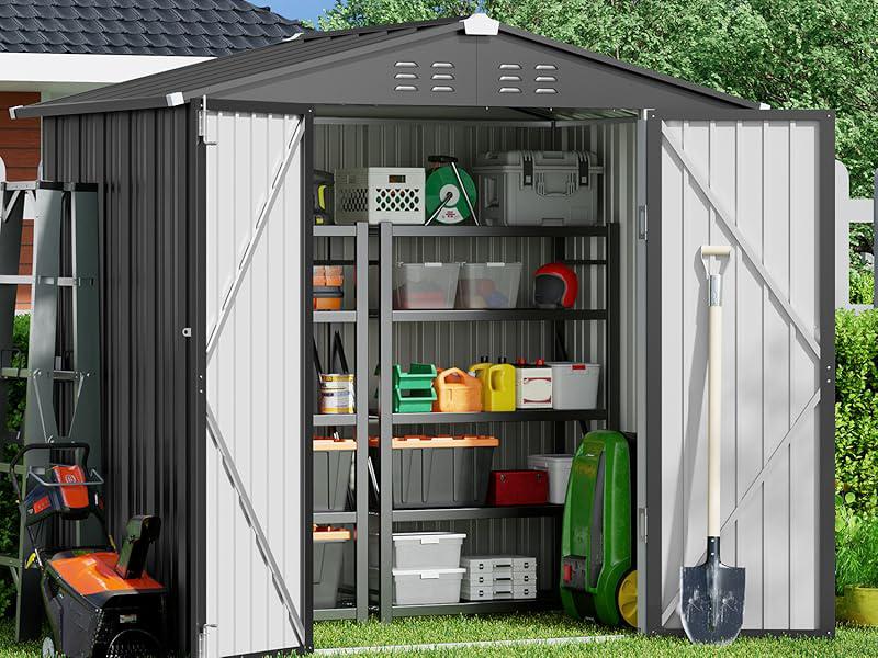GIZOON Outdoor Storage Shed 6x4 FT Galvanized Metal Garden Shed with Double Lockable Doors Rainproof Sunproof Roof for Backyard Patio Lawn