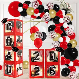 2026 Graduation Balloon Arch Kit & Red Balloon Boxes with Light Strings for All Grade Celebrations