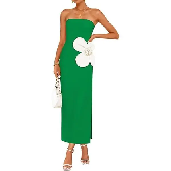 ZESICA Women's Summer Strapless Bodycon Maxi Dress 2026 Ribbed Knit Backless Floral Tube Cocktail Party Long Dresses