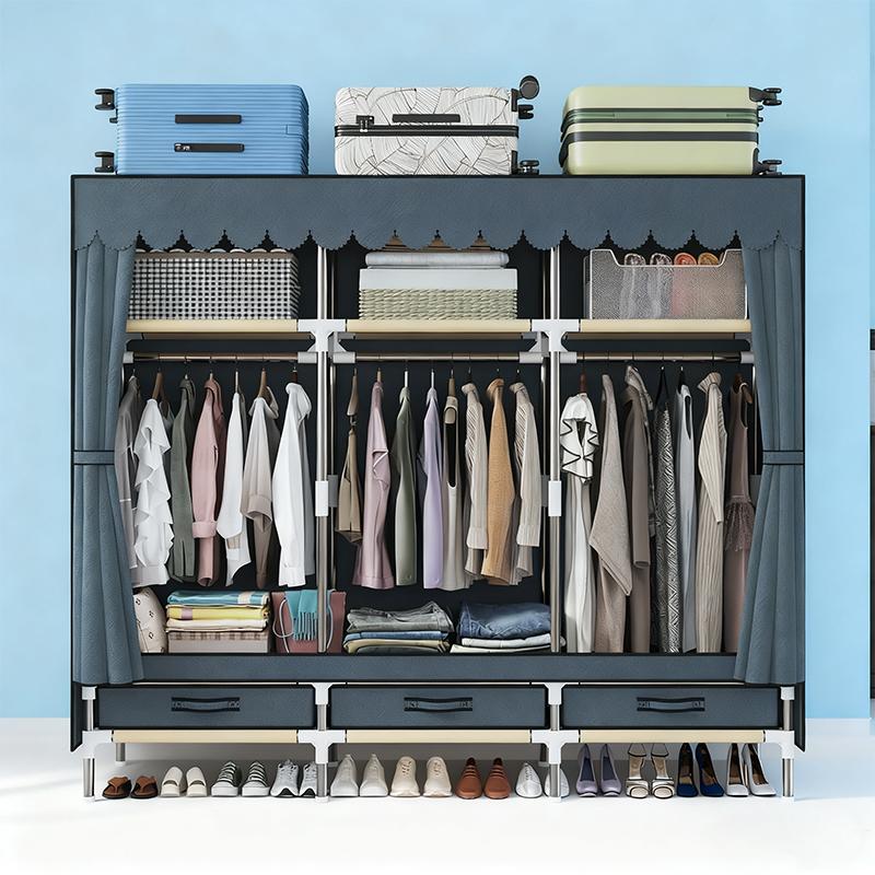 Portable Clothes Organizer for Small Spaces - Sturdy 16mm metal Frame, 3 Cubes + 3 Hanging Areas + 3 Drawers, Dust-Proof Closet for Quilts/Pillows clothing storage Closet Organizer apartment living room dressers for bedroom furniture set Wardrobe Armoire