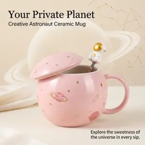 Pink Astronaut Planet Ceramic Mug with Lid and Spoon Creative Planet-Themed Ceramic Cup for Home Use Women's Water Mug Couple's Gift Birthday & Holiday Present bottle
