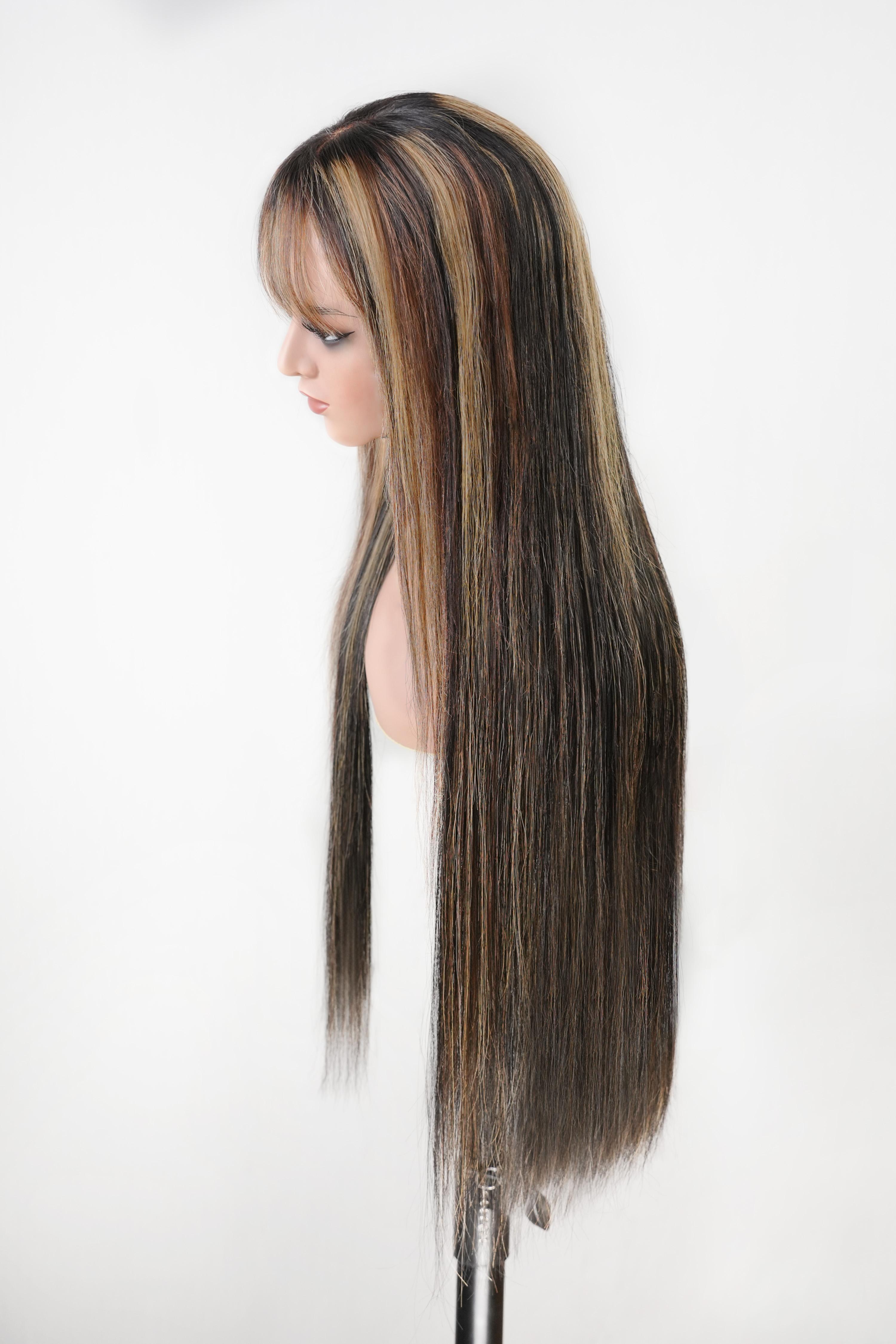 [30” Only $109.99] Menglle Hair Honey Blonde highlight 13x4 Long Straight With Bangs Glueless Human Hair Lace Front Wig Burgundy Silky Straight Lace Wig Easy Wear 180% Density#greenish#TikTokShopSpringGlowUp