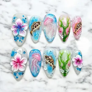 Tropical Ocean 3D Flower Press On Nails – Koi Fish, Jellyfish, Seaweed Art, Hand Painted Beach Summer Nails, Luxury Custom Nail Set