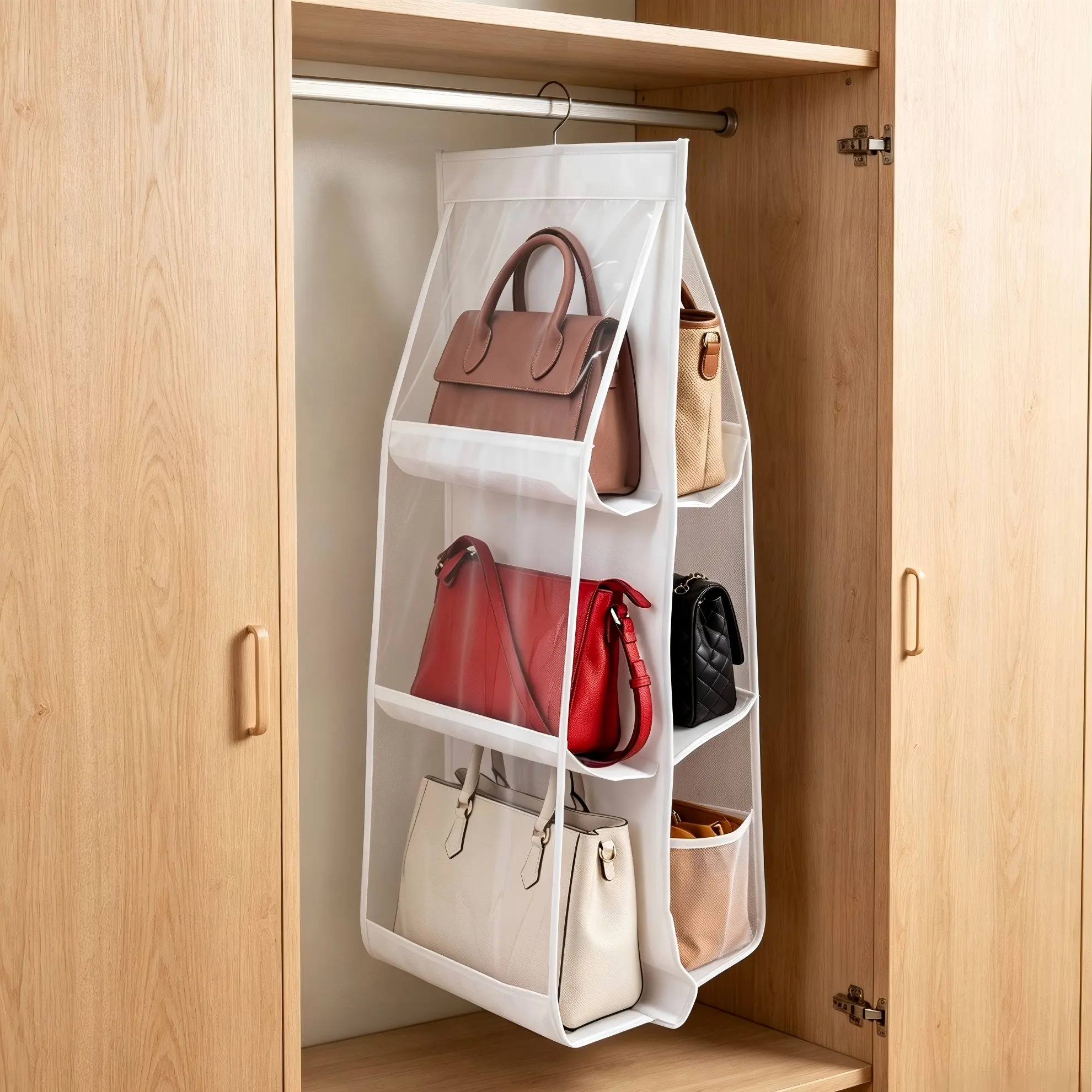 6-Pocket Hanging Handbag Organizer for Closet, Multi-Layer Purse Storage Bag, Space-Saving Closet Organizer with Transparent Design, White & Black