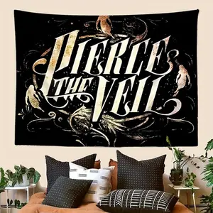 Tapestry Decor 1pc "Pierce the Veil" Music Album Cover Art Tapestry - Polyester, Black with White & Golden Swirls, Bird Motifs - Ideal for Bedroom, Living Room, Dorm Decor - Perfect Gift for Music Lovers Tapestry Starry Sky Dreamy