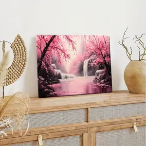 2D Flat, 1pc Wooden Framed Canvas Wall Art - Pink Cherry Blossom Trees & Waterfalls Landscape, Art Deco Style Vibrant HD Print on Premium Canvas, Serene Nature Scene for Living Room, Bedroom, Office Decor, Canvas Wall Art Ready to Hang, Home Decor,