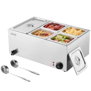 【fathersdaygift】VEVOR 24QT Commercial Food Warmer, 5-Pan Electric Steam Table, 1200W Professional Countertop Stainless Steel Buffet Bain Marie with 86-185°F Temp Control for Catering, Buffet, Parties, Restaurants