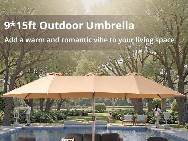 [March Clearance Price] OOSWIFT 14.5 ft Large Patio Umbrella with Solar LED Lights & Base, Extra Large Outdoor Twin Umbrella w/36 Lights, for Patio Garden Pool Lawn Backyard, Base Included, Sunshade Canopy