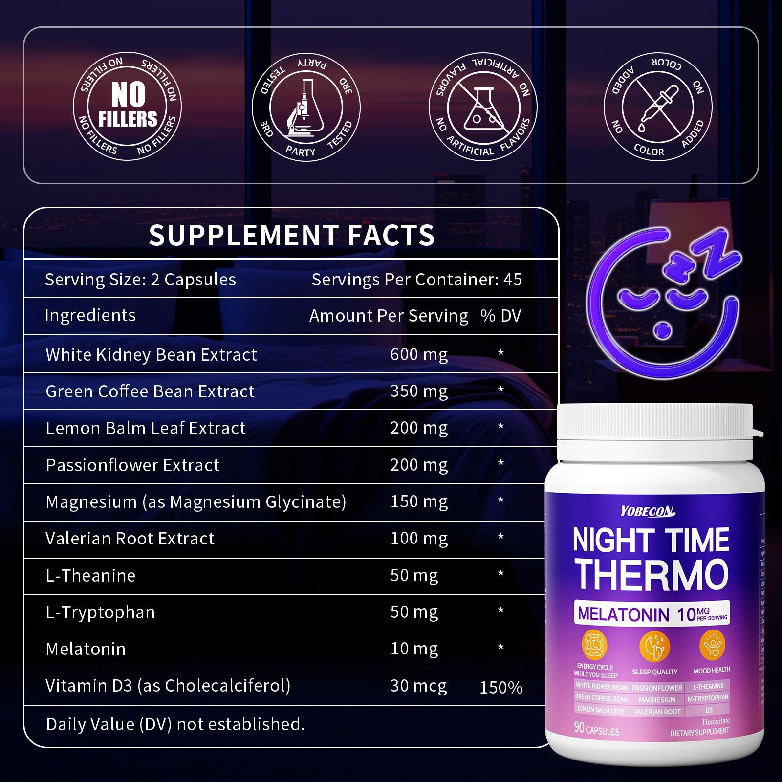 Nighttime Heat Energy Capsules for Sleep Support |   Melatonin, Magnesium, Vitamin D3, L-Theanine, Red Bean, Green Coffee Bean, Passionfruit & Lemon Balm