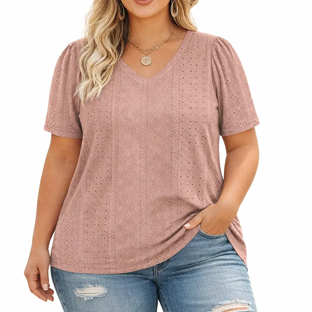 Women's Plus-Size Basic Short-Sleeve V-Neck Eyelet Blouses - Simple, Elegant, Modest Fashion Tunics for Casual Comfort, Shortsleeve, Puff Sleeve, Comfy Casual, Breathable, Outdoors, Eyelet Holes, Classic Basic