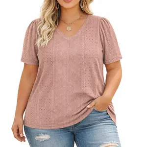 Womens Plus-Size Tops Summer Short Sleeve V Neck Eyelet Shirts