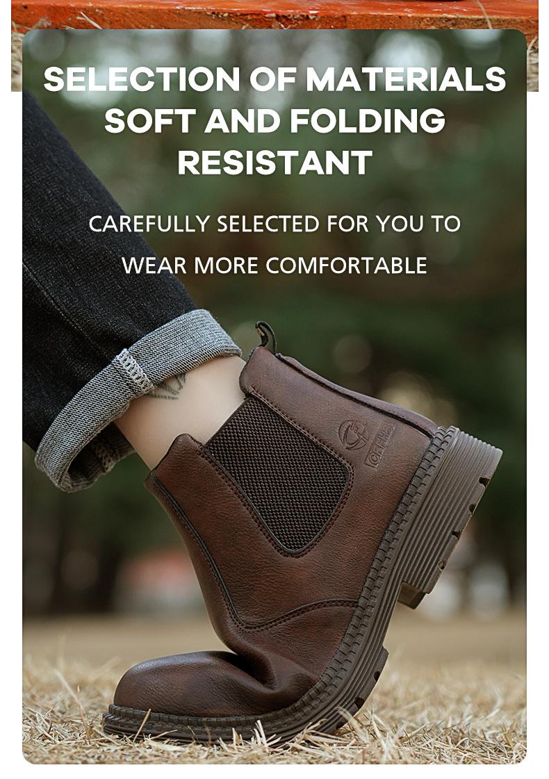 Men's steel-toe sports non-slip work shoes, high-top leather safety boots, have protective functions like anti-smashing and anti-piercing. They are footwear products, Fathersdaygift Boy Closed Bathroom Brown