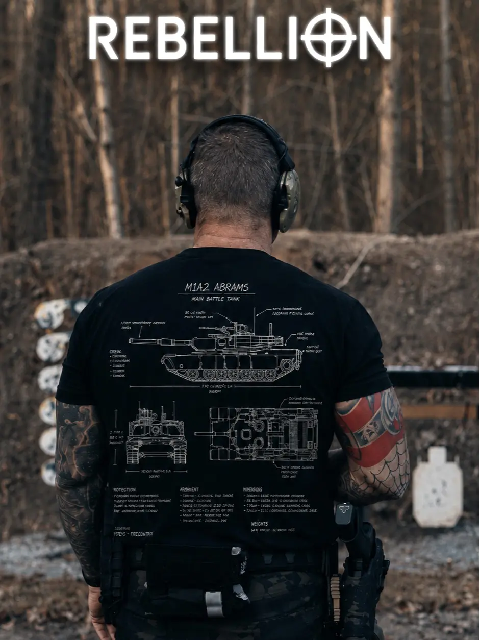 REBELLION CLUB M1A2 Abrams MBT Heavy Cotton T-Shirt Direct-To-Garment Breathable Printing Tactical Menswear Apparel Military Blue Print Tee Gift For Husband Gift For Men