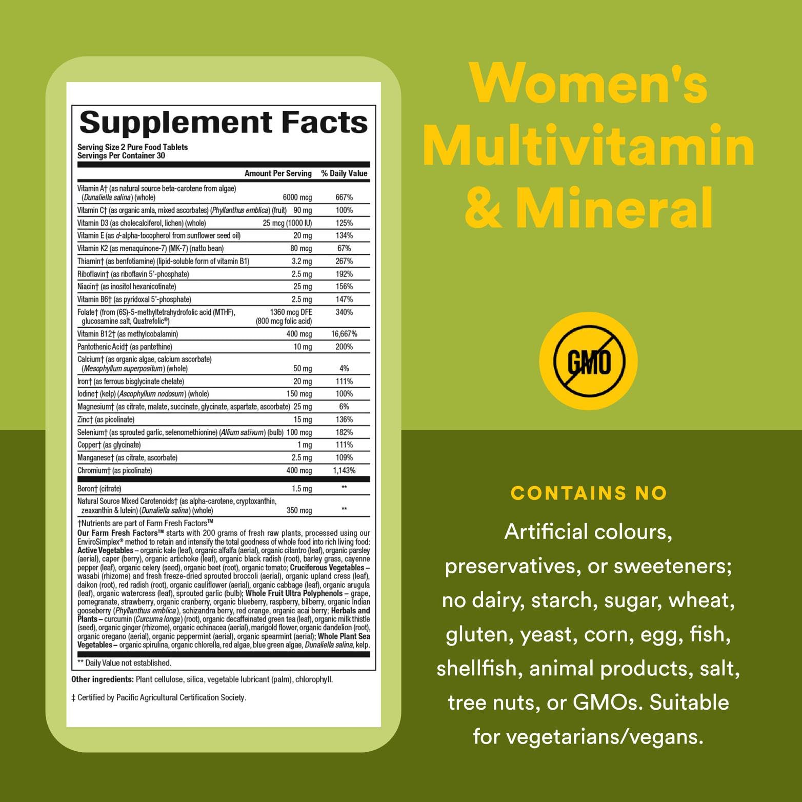 Natural Factors Whole Earth & Sea Organic Vegan Women's Complete Multivitamins-Mineral Supplement Capsules, Algae & Amla Sourced, Plant-Based Calcium, Unflavored, GMO-Free, D Vitamins Supplements, Fresh Energy Boost, Folate