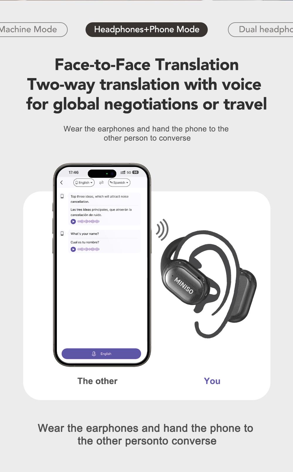 MINISO X30 OWS Translation Wireless Bluetooth Earphones Support 135 Languages Real Time Bluetooth Translation,35Hours Play time,OWS Headphones Long Distance Connection Headset with Charging Case,Light-Weight Headphones Built-in Microphone