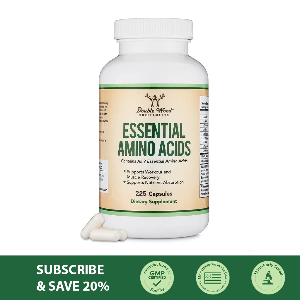 Amino Acids | Contains All 9 Essential Amino Acids | 225 Count | Support Workout, Muscle Recovery, Nutrient Absorption | Double Wood Supplements