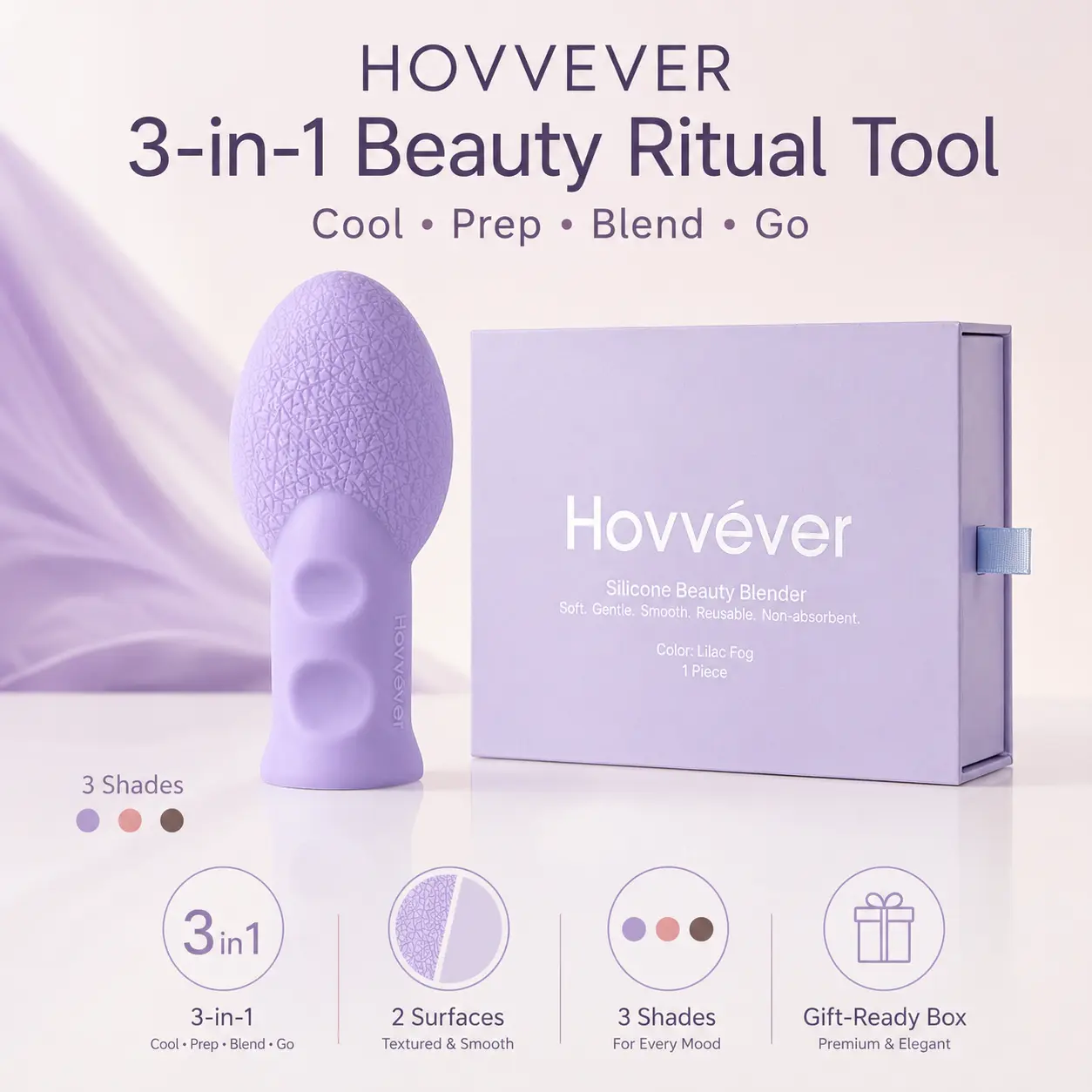 Hovvéver 3-in-1 Dual-Sided Silicone Makeup Blender - Single Smoothing Non-Absorbent Foundation Applicator with Velvet Veil Texture, Cooling Prep for Sensitive & All Skin Types, Reusable Touch-Up Tool with Suction Base, Work