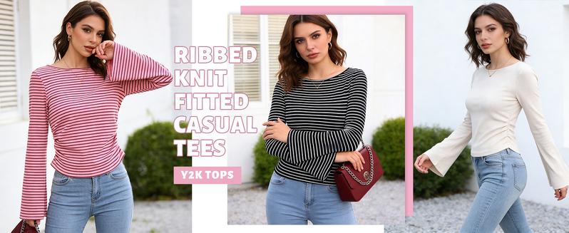 Mundoven Womens Long Sleeve Shirts 2026 Spring Crop Going Out Tops Casual Boat Neck Bell Sleeve Ribbed Ruched Y2K Clothes